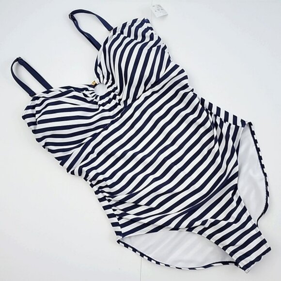 Simon Chang Solutions One-Piece Swimsuit Blue White Stripe High Back Size 16 - Picture 2 of 12